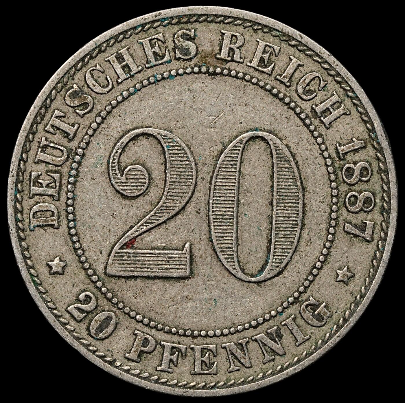 修遠堂世界钱币第103期 1887年德国20芬尼,J厂铭