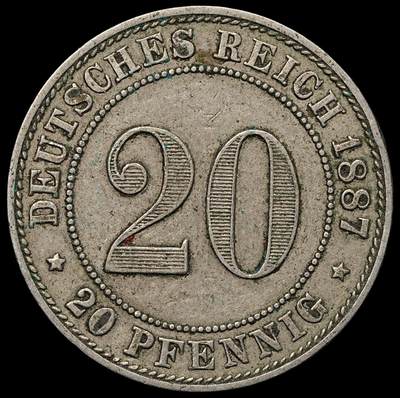 修遠堂世界钱币第103期 - 1887年德国20芬尼,J厂铭