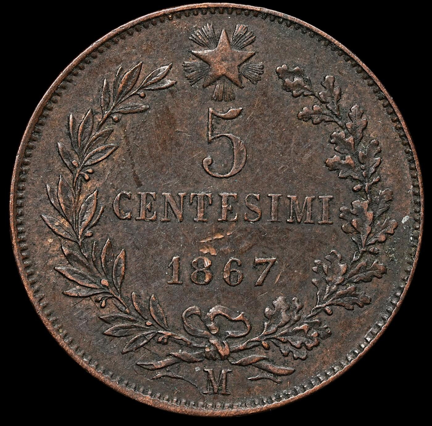 修遠堂世界钱币第103期 1867年意大利5分铜币