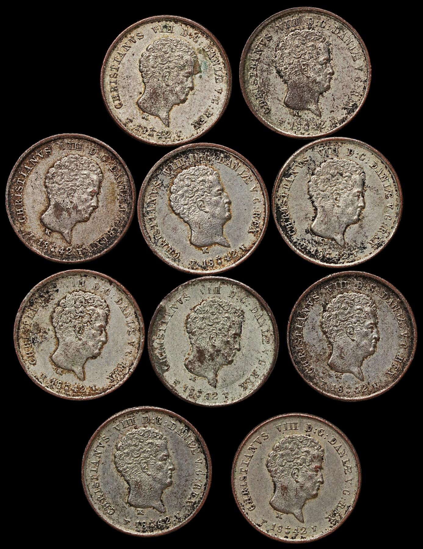 修遠堂世界钱币第103期 1842 年丹麦 1/5 Rigsbank Skilling铜币，全部鎏银，未流通品