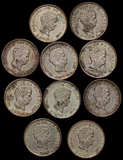 修遠堂世界钱币第103期 - 1842 年丹麦 1/5 Rigsbank Skilling铜币，全部鎏银，未流通品