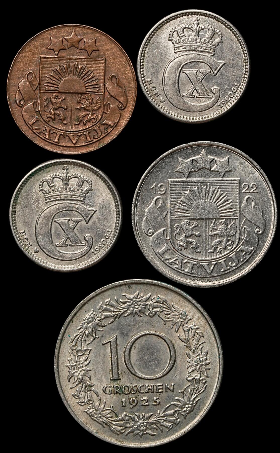 修遠堂世界钱币第103期 未流通丹麦，奥地利，拉脱维亚旧钱币一组