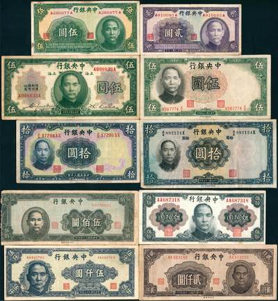 上海炎玺拍卖 玺纳祥瑞 - 中央银行贰圆、伍圆、拾圆、伍拾圆、伍佰圆、贰仟圆、伍仟圆一组10枚
