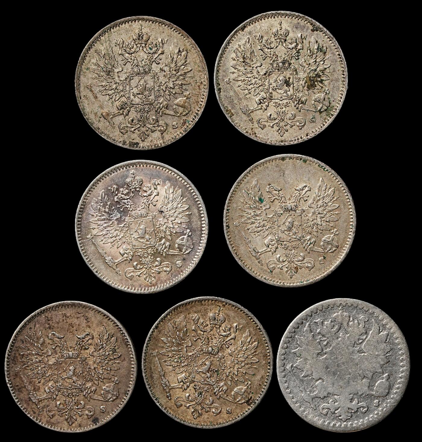 修遠堂世界钱币第103期 芬兰25盆尼银币一组，总重8.79g，含银75%，部分未流通