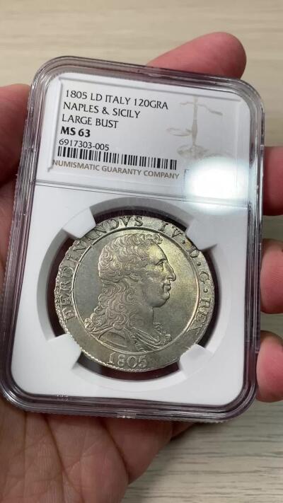 万国钱币拍卖第060期（万国六十期纪念大拍） NGC MS63 1805意大利那不勒斯和西西里费迪南德四世120格拉纳大银 大头版本 原味淡金彩包浆 