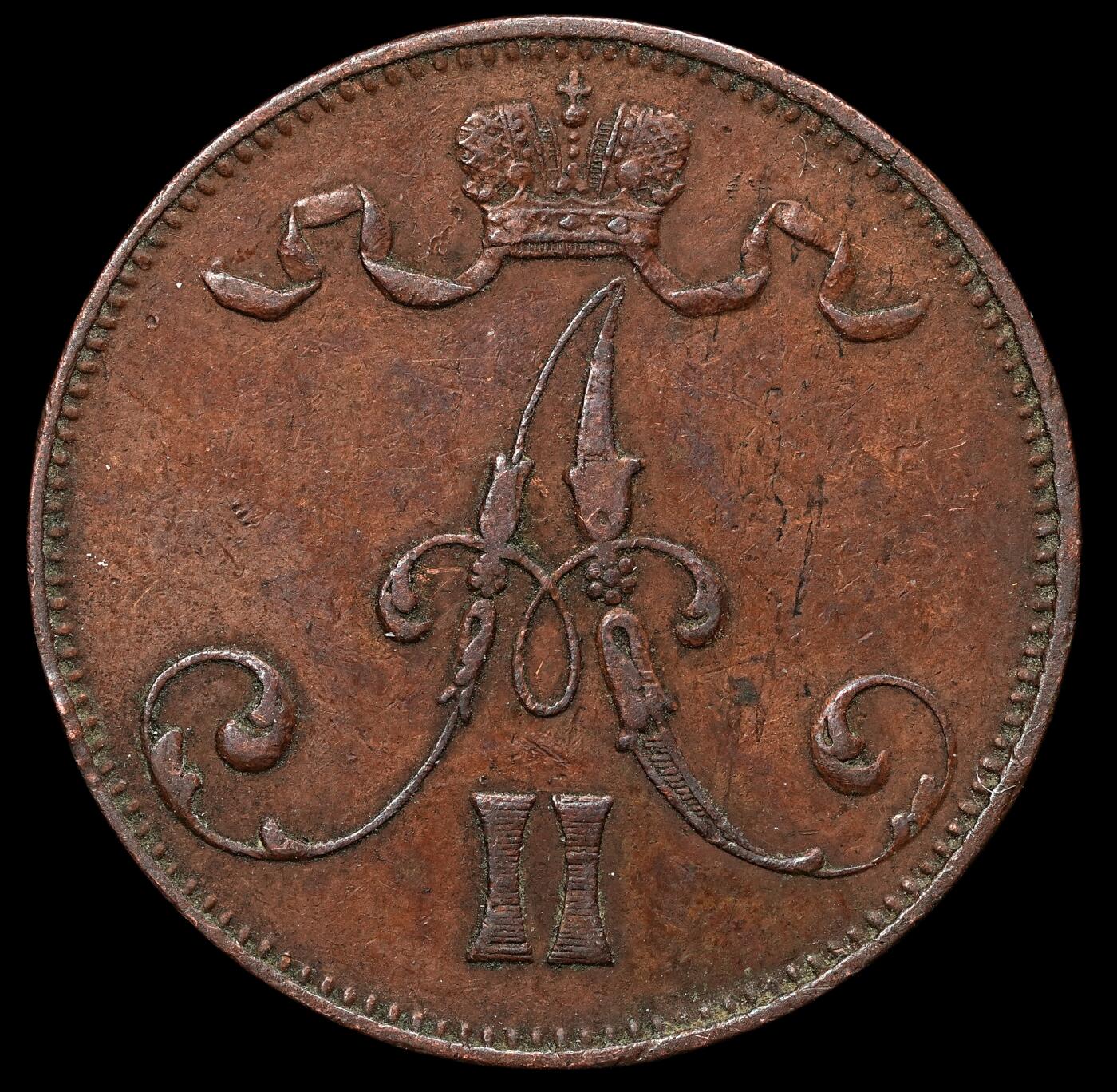 修遠堂世界钱币第103期 1872年芬兰5盆尼铜币，少见早期年份