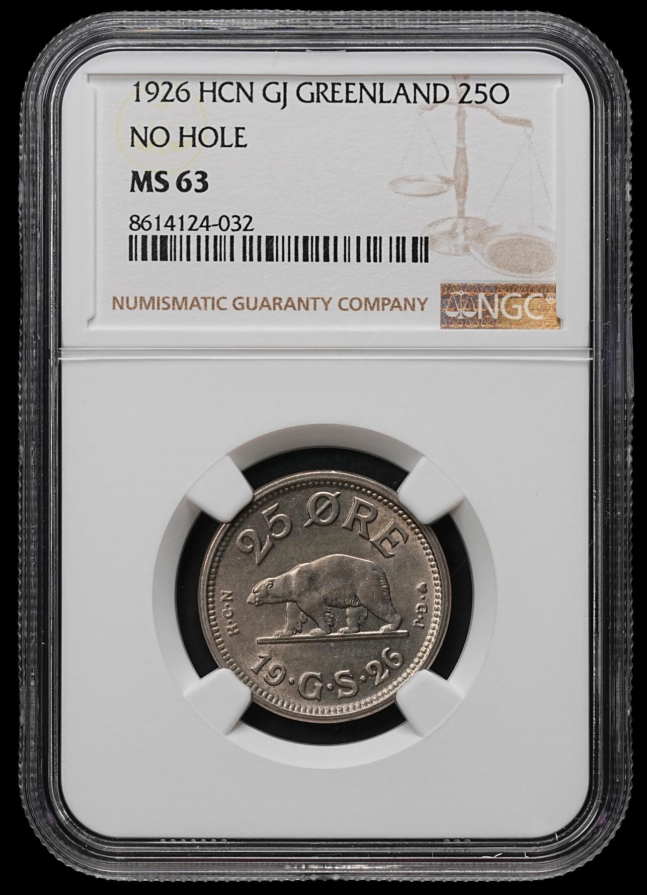 修遠堂世界钱币第103期 NGC MS63 1926年格陵兰25欧尔