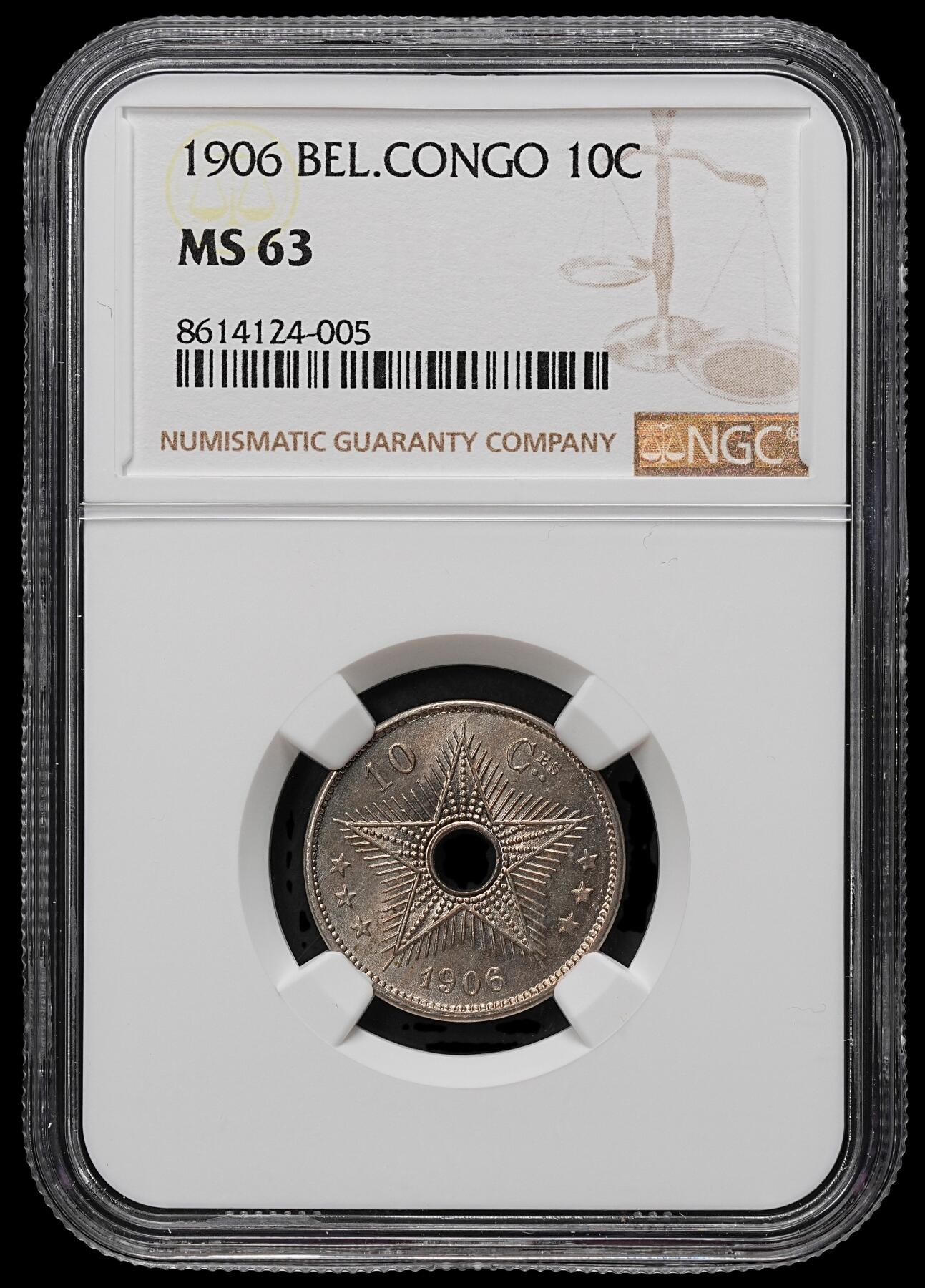 修遠堂世界钱币第103期 NGC MS63 1906年刚果自由邦中孔10分，年份少见