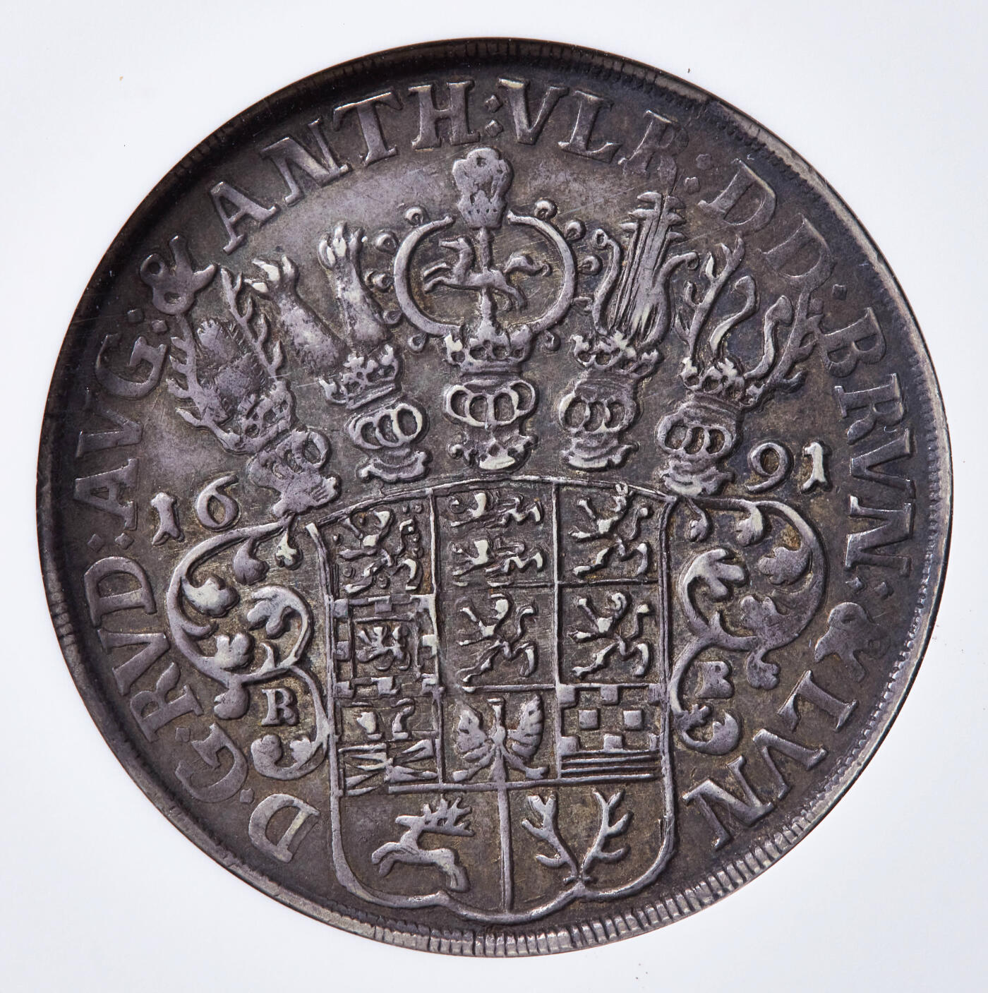 【俄甄集藏】马年新春第一拍 2026年(048)02-25星期三 晚 19:30 全场包邮 神圣罗马帝国-德国不伦瑞克-沃尔芬比特尔1691年野人1泰勒大银币，NGC VF30，酱彩包浆，原味状态