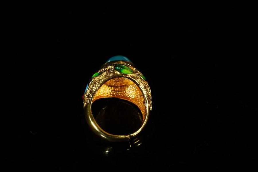 上海都达杂项专场十八（全场包邮） 天然景泰蓝嵌淡蓝玛瑙蛋面戒指 附鉴定证书