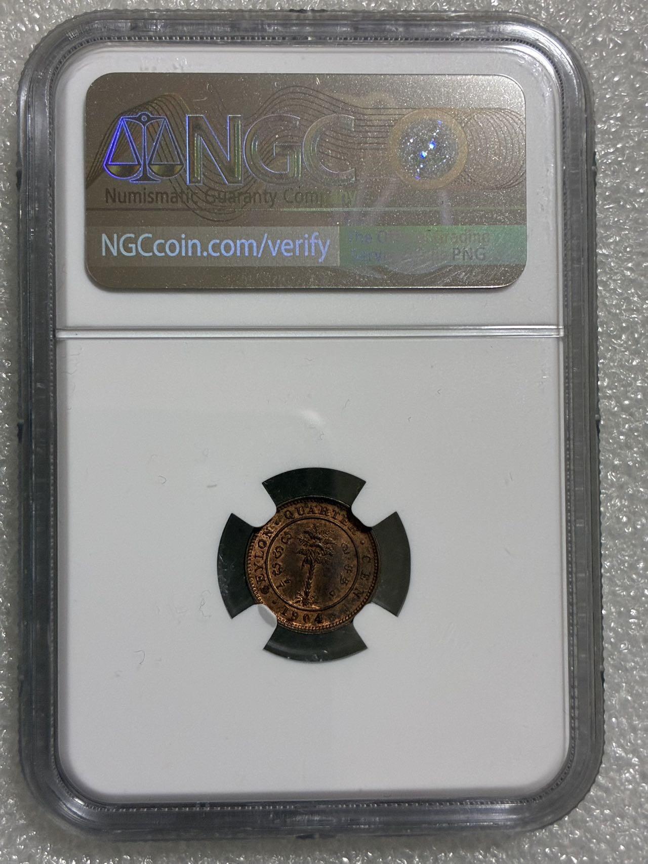 NGC UNCD 英属锡兰1904年 爱德华七世 1/4分 铜币