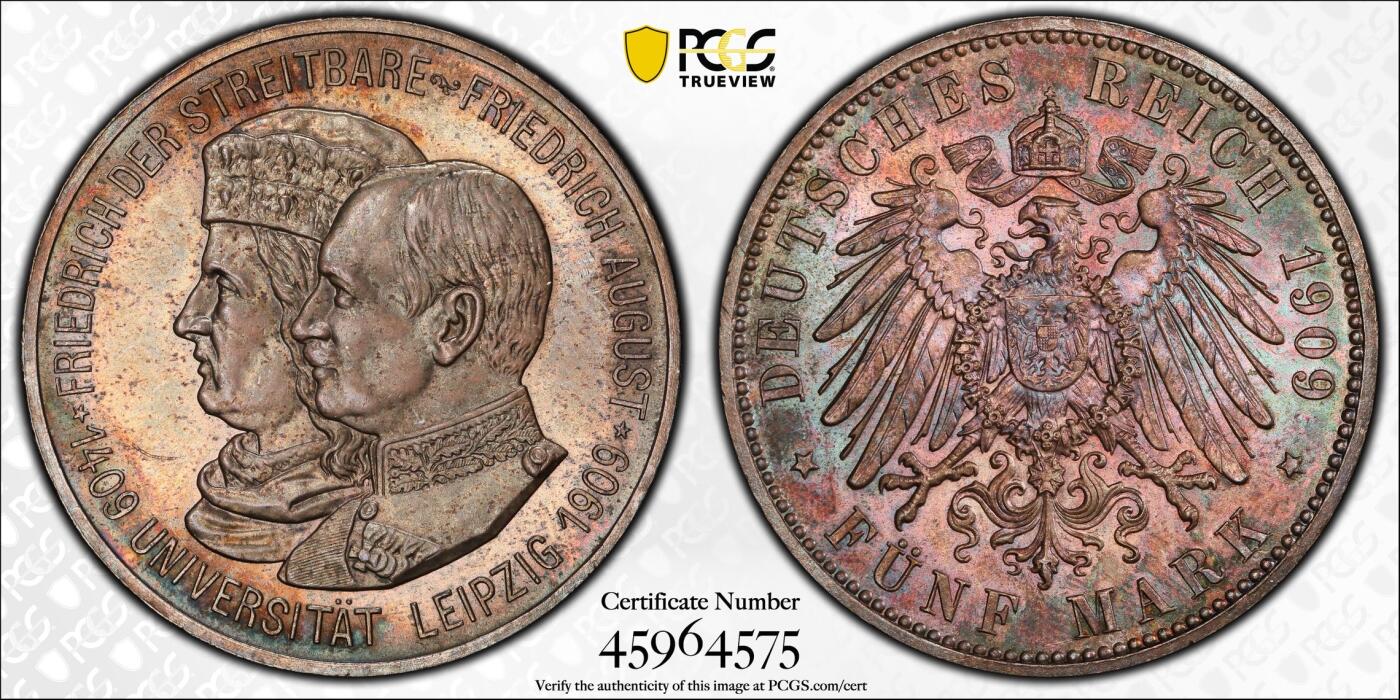 万国钱币拍卖第060期（万国六十期纪念大拍） PCGS MS64 1909萨克森莱比锡大学长翅5马克 经典品种 浓郁烟熏五彩极美 原味转光 收藏级品质