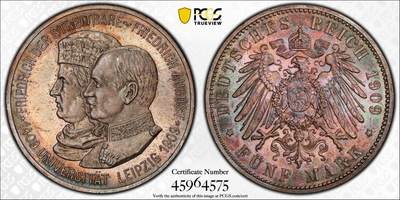 万国钱币拍卖第060期（万国六十期纪念大拍） - PCGS MS64 1909萨克森莱比锡大学长翅5马克 经典品种 浓郁烟熏五彩极美 原味转光 收藏级品质