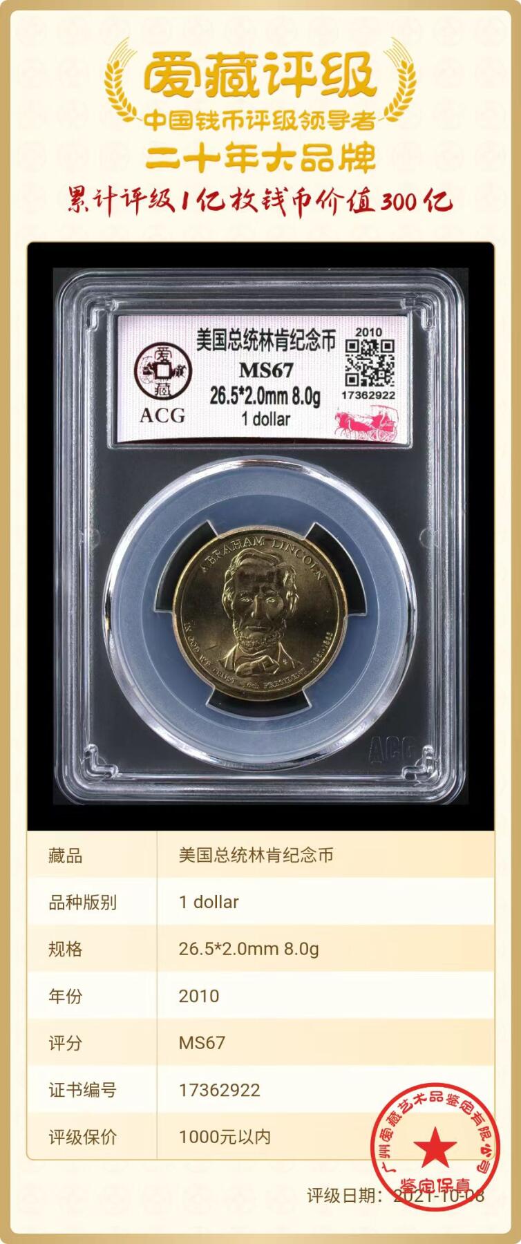 ACG评级美元硬币 【1美元】美国总统林肯纪念币