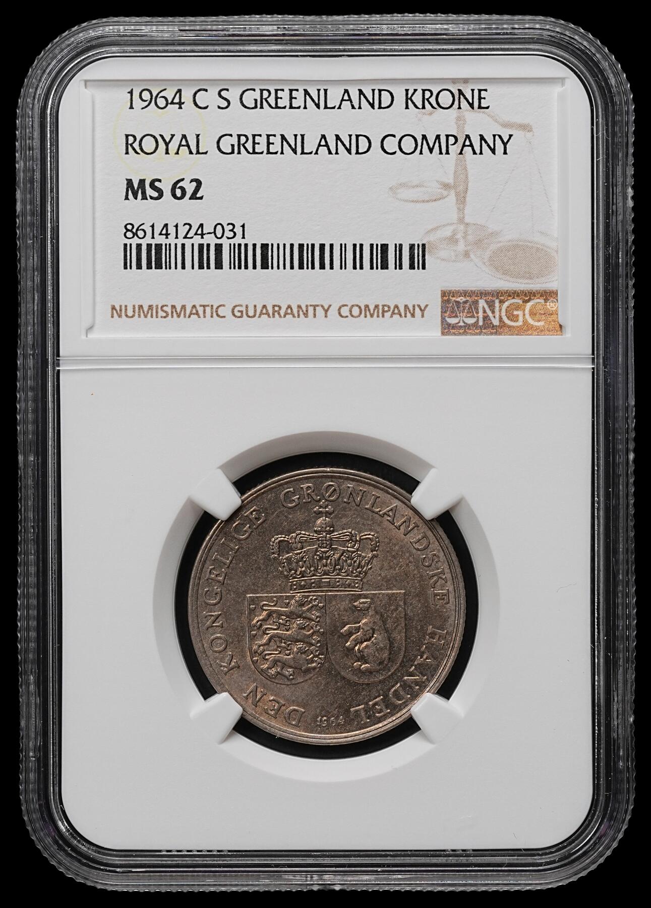 修遠堂世界钱币第103期 NGC MS62 1964年格陵兰皇家矿业公司1克朗