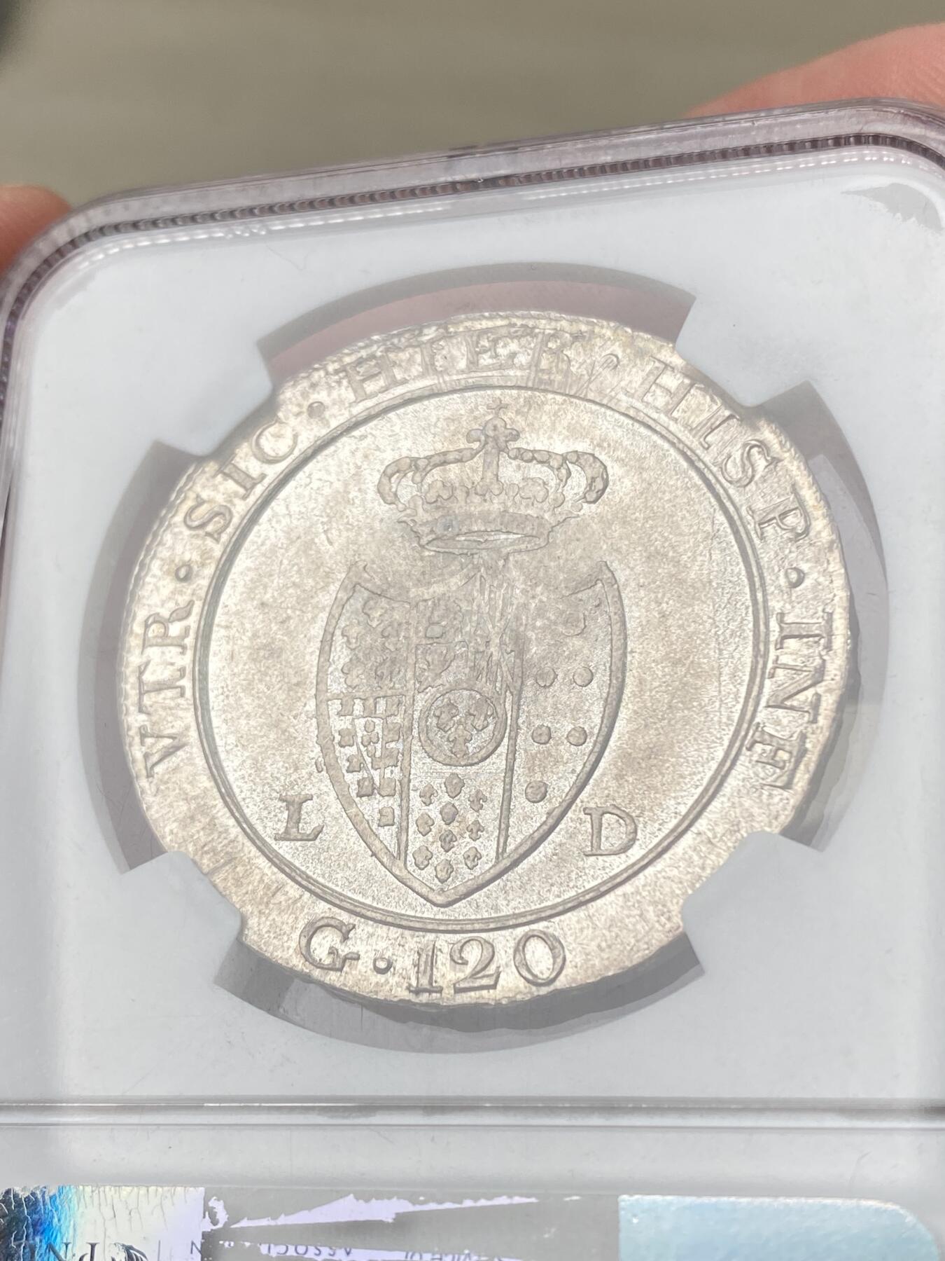 万国钱币拍卖第060期（万国六十期纪念大拍） NGC MS63 1805意大利那不勒斯和西西里费迪南德四世120格拉纳大银 大头版本 原味淡金彩包浆 