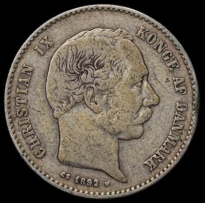修遠堂世界钱币第103期 - 1892年丹麦海豚1克朗银币 7.37g，含银80%