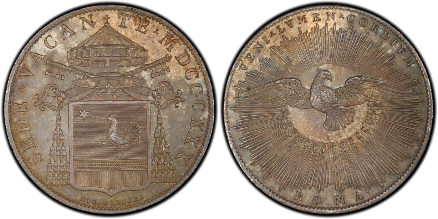 万国钱币拍卖第060期（万国六十期纪念大拍） PCGS MS64 1830年ROMA教皇国教宗缺位SCUDO大银 罗马造币厂铸 仅单年发行2860枚 近200年前教皇国工艺的巅峰之作 堪称完美的打制和通体熟美酱彩相得益彰 PC老白盒保存完好 PC亚军分更高仅一枚 一步到位的典藏级品质