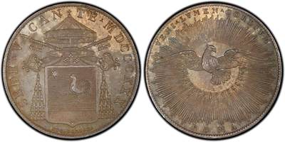 万国钱币拍卖第060期（万国六十期纪念大拍） - PCGS MS64 1830年ROMA教皇国教宗缺位SCUDO大银 罗马造币厂铸 仅单年发行2860枚 近200年前教皇国工艺的巅峰之作 堪称完美的打制和通体熟美酱彩相得益彰 PC老白盒保存完好 PC亚军分更高仅一枚 一步到位的典藏级品质