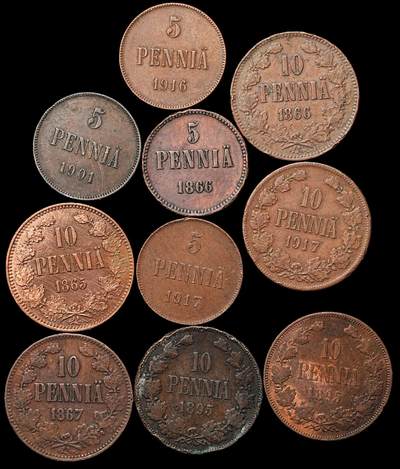修遠堂世界钱币第103期 - 芬兰旧铜币一组，部分有伤