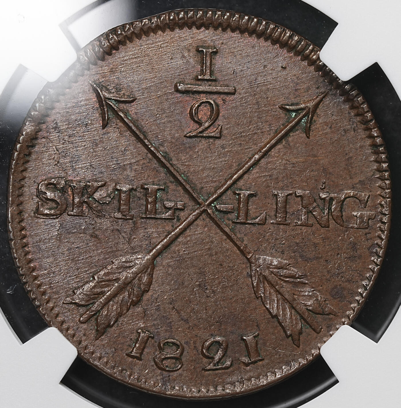 修遠堂世界钱币第103期 NGC MS62BN 1821年瑞典1/2 SKILLING铜币