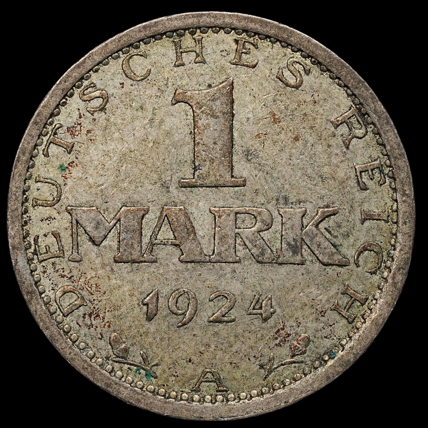 修遠堂世界钱币第103期 1924年德国1马克银币 A厂铭，4.98g，含银50%