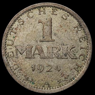 修遠堂世界钱币第103期 - 1924年德国1马克银币 A厂铭，4.98g，含银50%