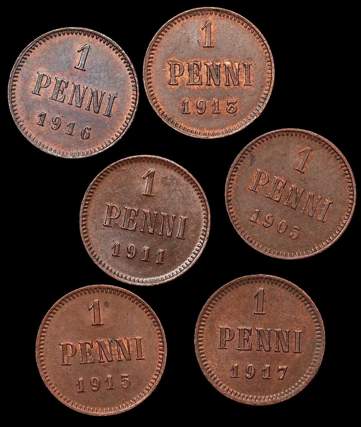 修遠堂世界钱币第103期 芬兰1盆尼铜币一组，未流通品