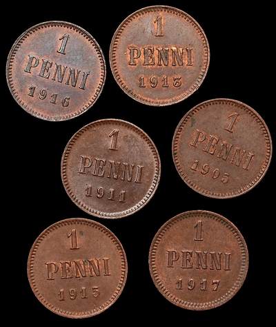 修遠堂世界钱币第103期 - 芬兰1盆尼铜币一组，未流通品