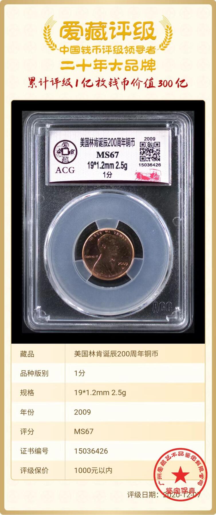 ACG评级美元硬币 【白宫】美国林肯诞辰200周年铜币