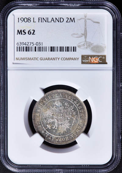 【俄甄集藏】马年新春第一拍 2026年(048)02-25星期三 晚 19:30 全场包邮 - 俄属芬兰1908年尼古拉二世L版2马克银币，NGC MS62，黄油彩转光品相，MS稀少