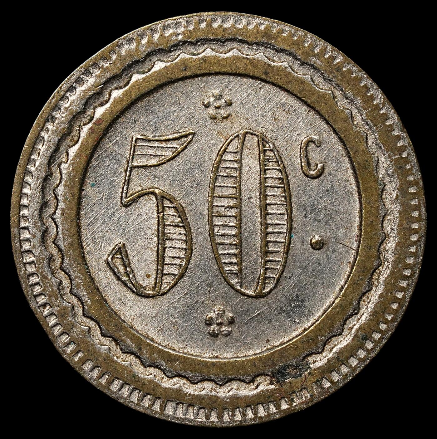 修遠堂世界钱币第103期 19世纪末-20世纪初法国50分代用币，未流通，2.24g，铜鎏银