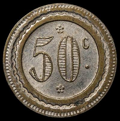 修遠堂世界钱币第103期 - 19世纪末-20世纪初法国50分代用币，未流通，2.24g，铜鎏银