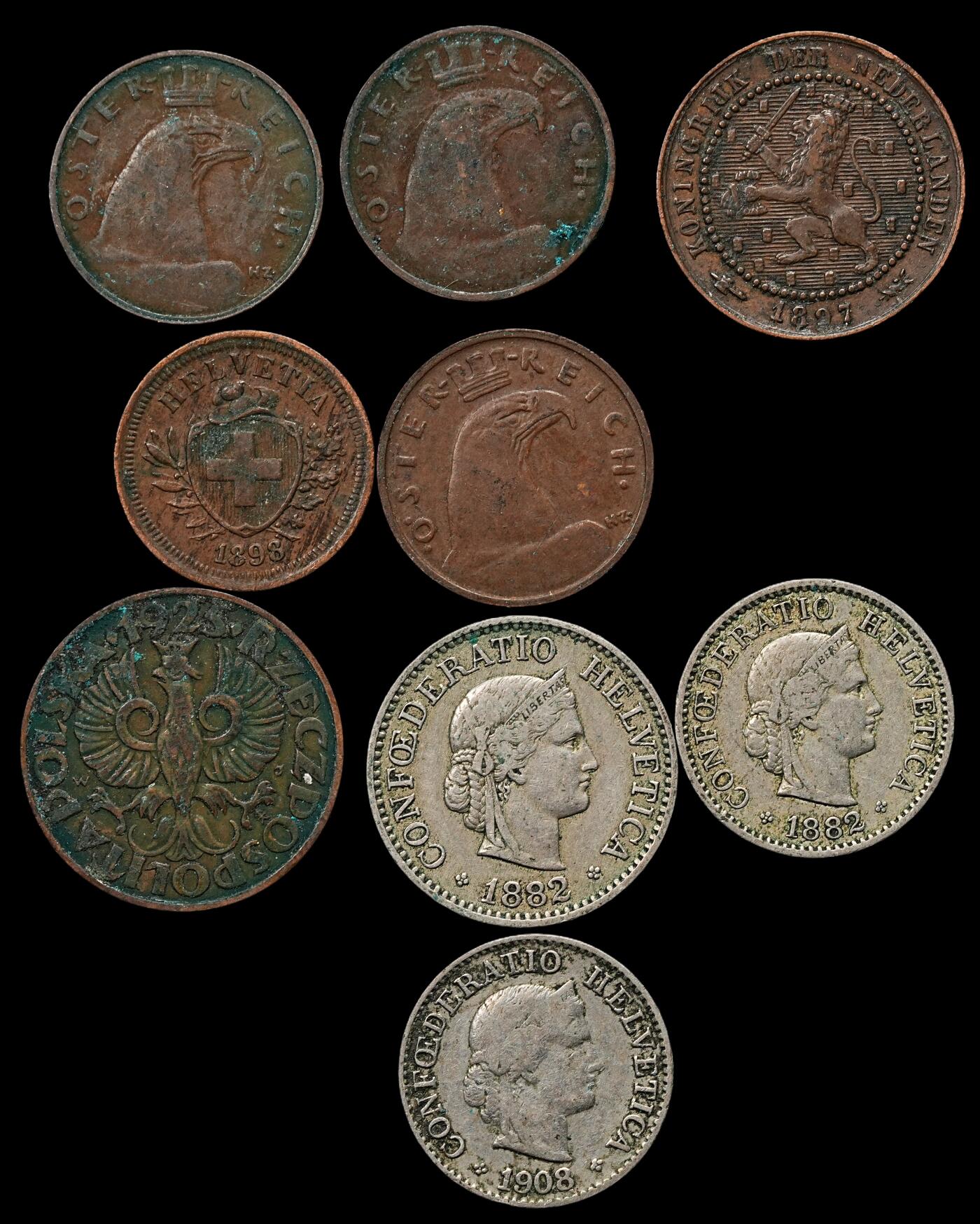 修遠堂世界钱币第103期 奥地利，波兰，瑞士旧钱币一组