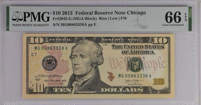 PMG评级美元 - 豹子身MGA冠序列号:MG00863338A 10美元绿库印联邦券Federal Reserve Note Chicago, $10 2013 Small Size
