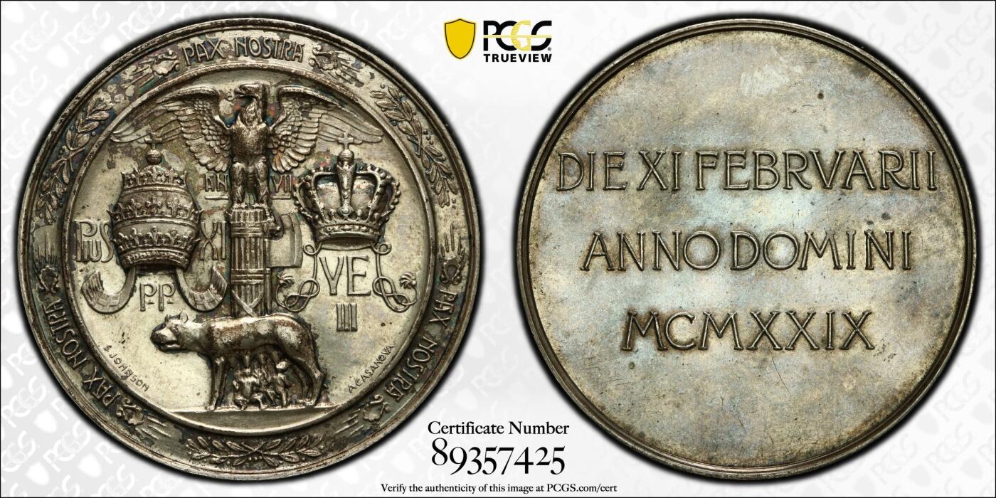 万国钱币拍卖第060期（万国六十期纪念大拍） PCGS SP63 1929年教皇国庇护十一世纪念意大利与教宗和平约定大银章 教皇三重冠与意大利皇冠中间是意大利雄鹰站在法西斯束棒之上 罕见品种 PC唯一冠军
