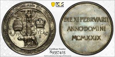 万国钱币拍卖第060期（万国六十期纪念大拍） - PCGS SP63 1929年教皇国庇护十一世纪念意大利与教宗和平约定大银章 教皇三重冠与意大利皇冠中间是意大利雄鹰站在法西斯束棒之上 罕见品种 PC唯一冠军