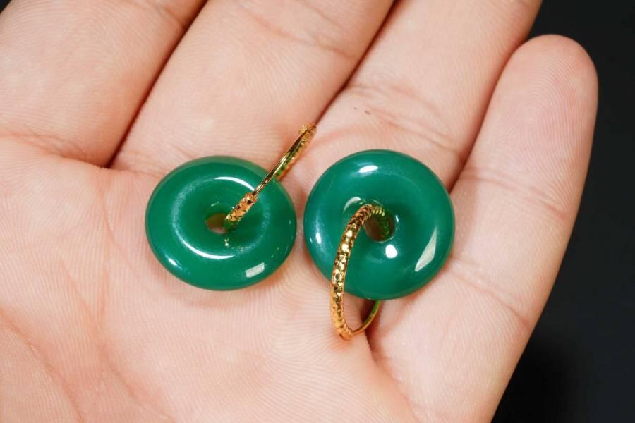 上海都达杂项专场十八（全场包邮） 天然绿玛瑙平安扣耳环一对 附鉴定证书