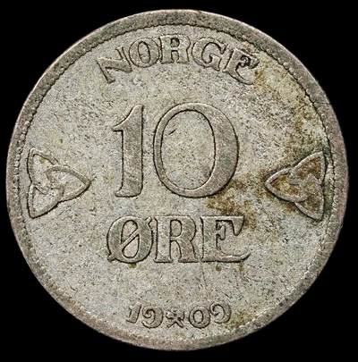 修遠堂世界钱币第103期 - 1909年挪威10欧尔银币，1.43g