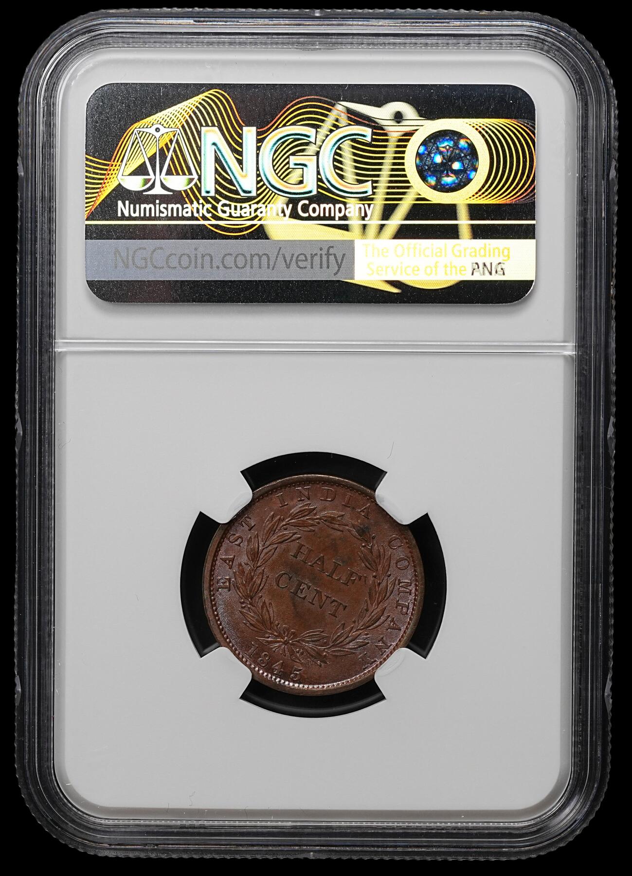 修遠堂世界钱币第103期 NGC MS62BN 1845年海峡-东印度公司1/2分铜币，少见的品种