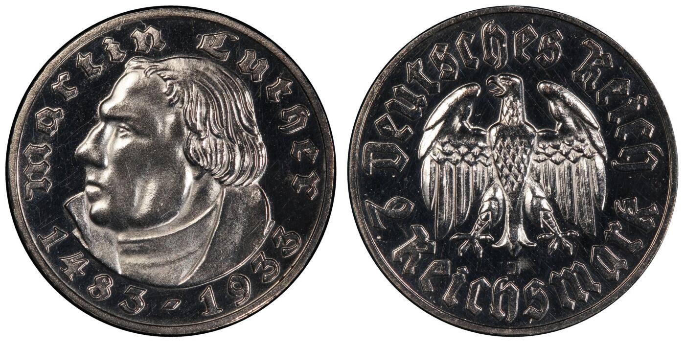 万国钱币拍卖第060期（万国六十期纪念大拍） PCGS PR63 1933德国社会主义工人党时期马丁路德精制2马克银币 纪念马丁路德诞辰450周年 精铸镜面 PC唯一冠军