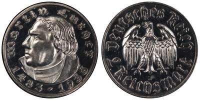万国钱币拍卖第060期（万国六十期纪念大拍） - PCGS PR63 1933德国社会主义工人党时期马丁路德精制2马克银币 纪念马丁路德诞辰450周年 精铸镜面 PC唯一冠军