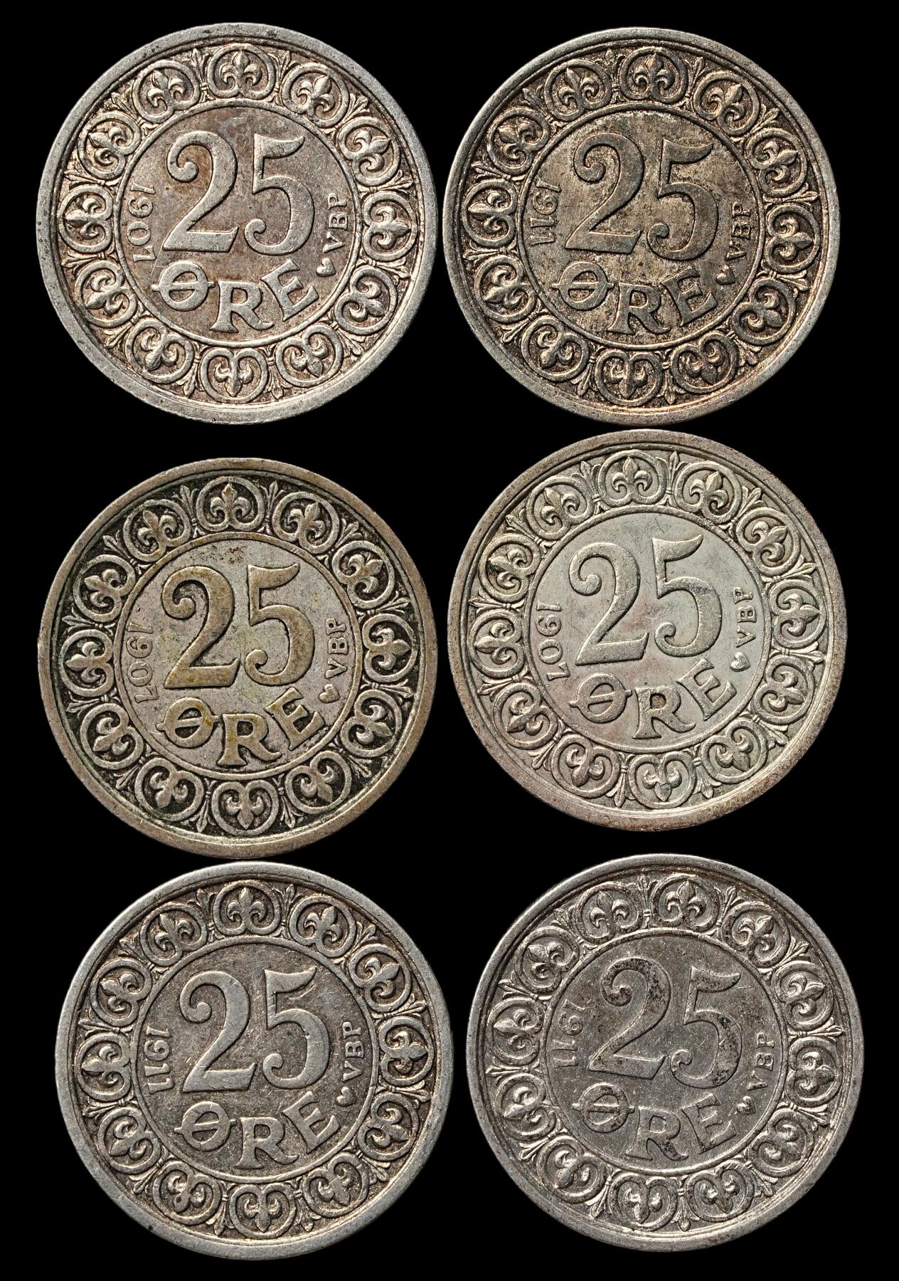 修遠堂世界钱币第103期 丹麦弗雷德里克八世时期25欧尔银币一组，总重14.43g，含银60%