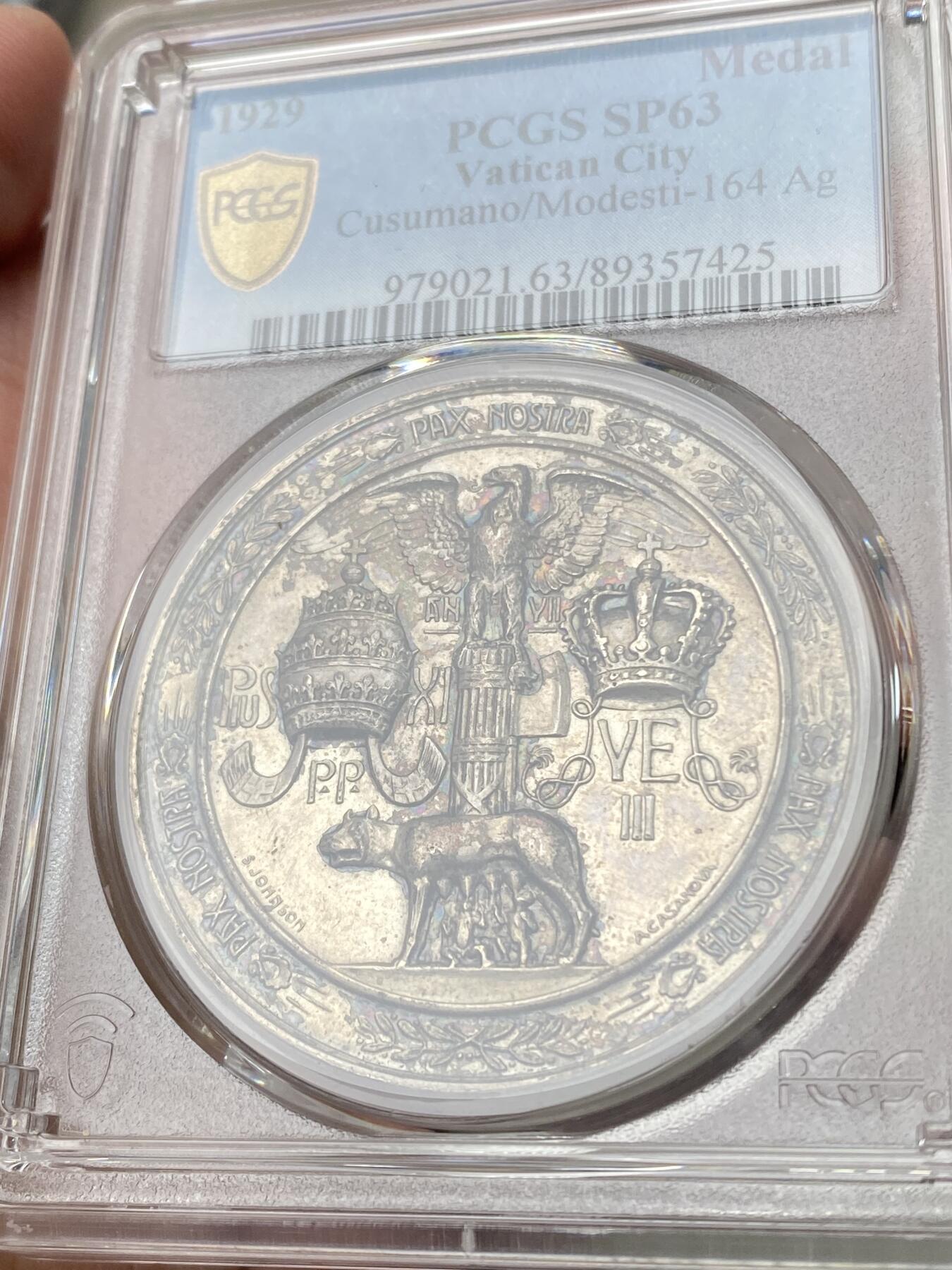 万国钱币拍卖第060期（万国六十期纪念大拍） PCGS SP63 1929年教皇国庇护十一世纪念意大利与教宗和平约定大银章 教皇三重冠与意大利皇冠中间是意大利雄鹰站在法西斯束棒之上 罕见品种 PC唯一冠军