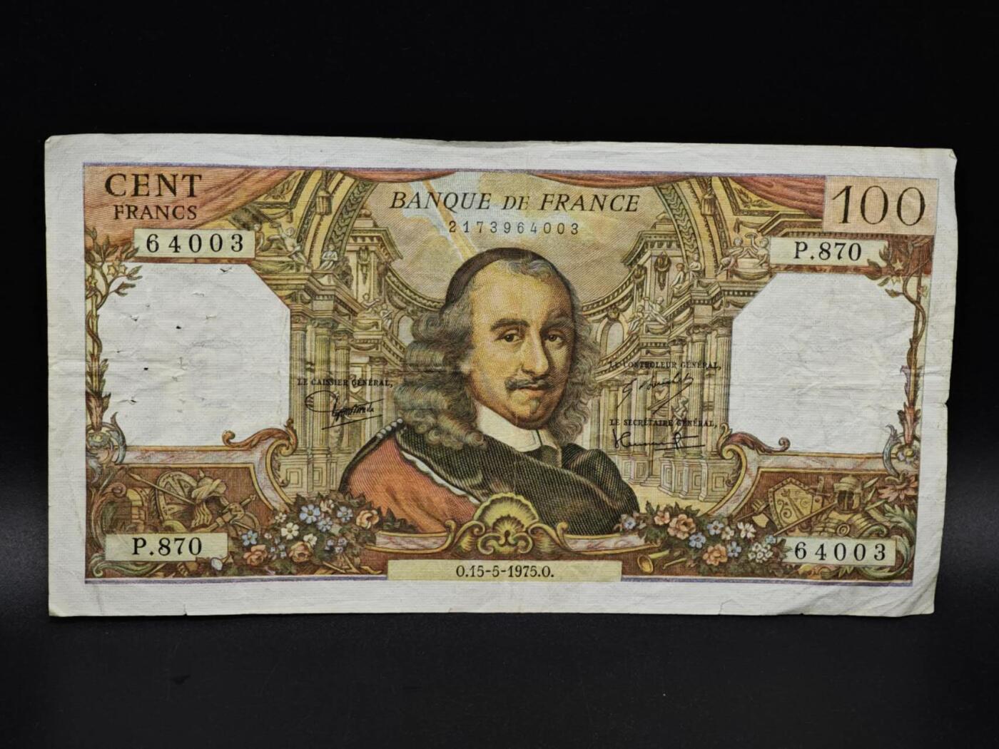 【淘币小摊】实时拍第八百五十九拍   无佣金福利纸币场   满百包邮可预留二周 每周一统一发货   法国100法郎纸币【有折针眼】