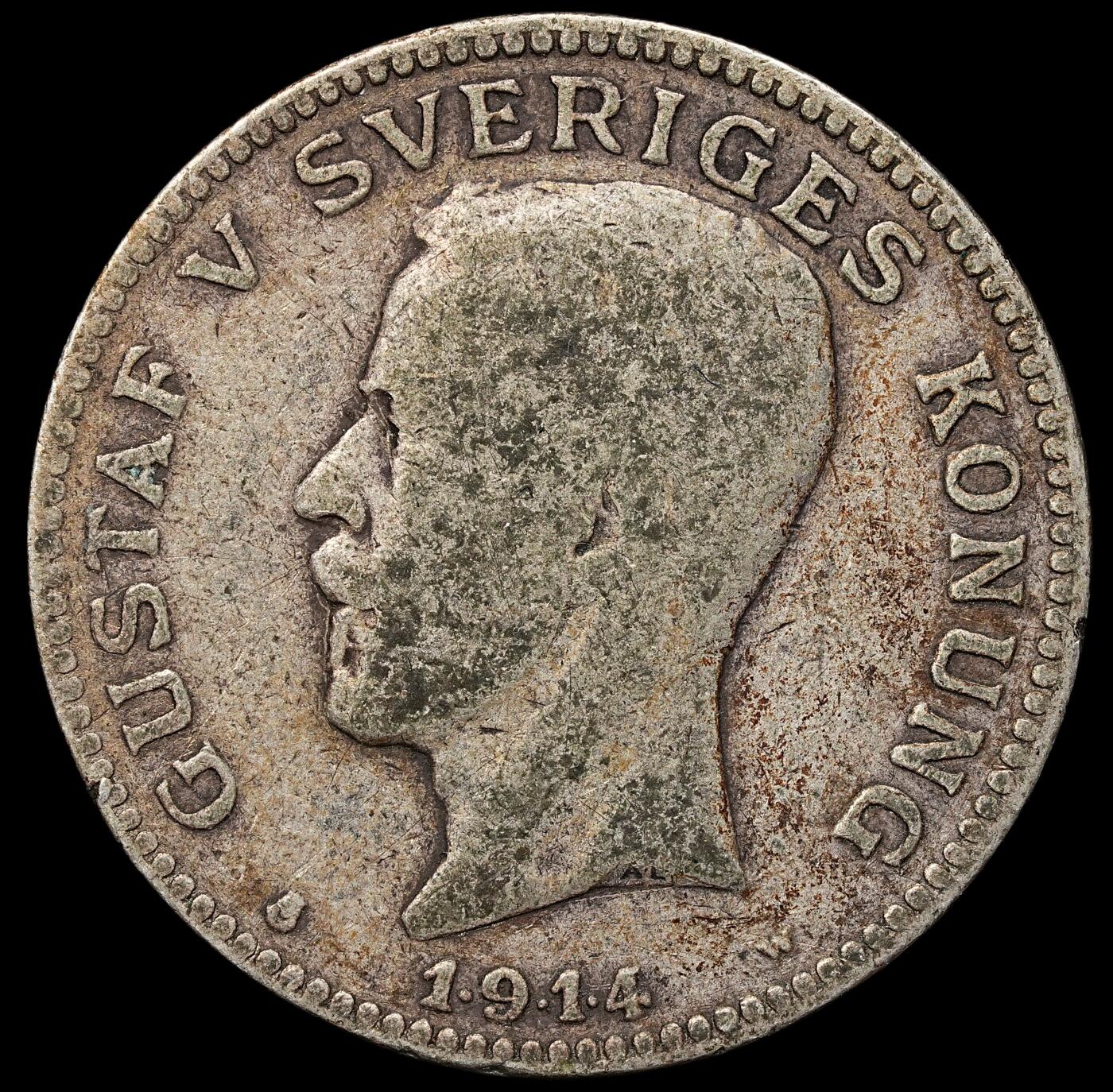 修遠堂世界钱币第103期 1914年瑞典1克朗银币，7.34g，含银80%