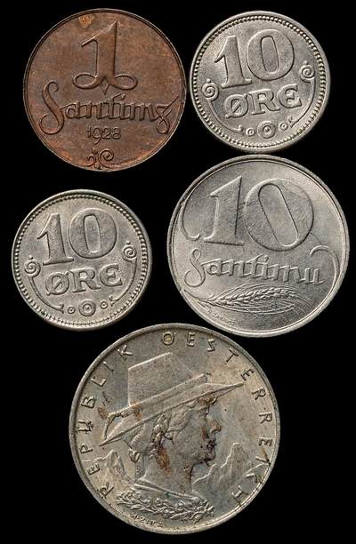 修遠堂世界钱币第103期 - 未流通丹麦，奥地利，拉脱维亚旧钱币一组