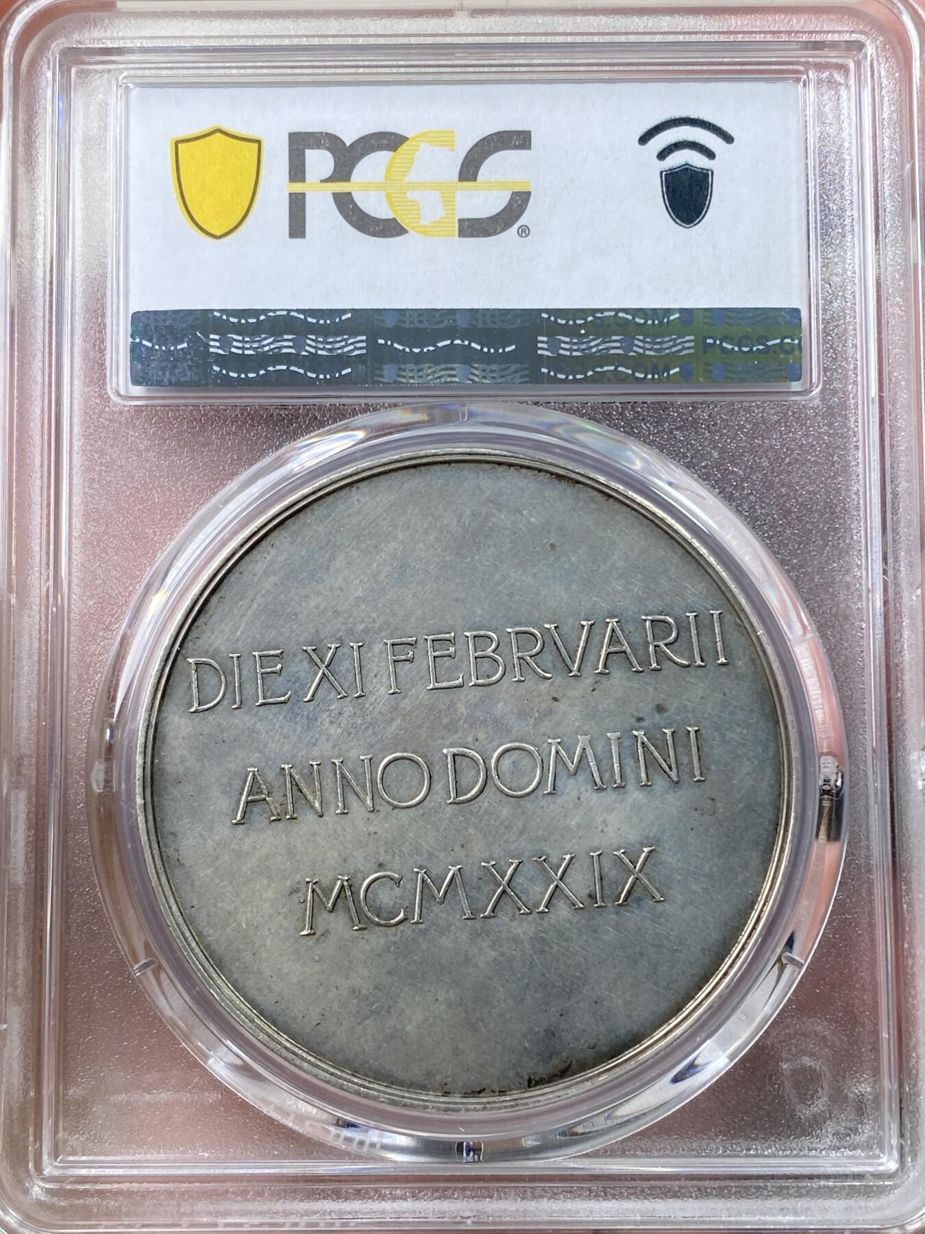 万国钱币拍卖第060期（万国六十期纪念大拍） PCGS SP63 1929年教皇国庇护十一世纪念意大利与教宗和平约定大银章 教皇三重冠与意大利皇冠中间是意大利雄鹰站在法西斯束棒之上 罕见品种 PC唯一冠军