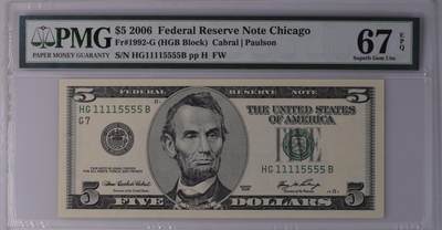 【礼羽收藏】🌏世界钱币拍卖港币靓号专场 - 2006年 5美元 大头版末版（同年2006年 还发行了彩色版首版）分水岭年份 PMG67 高分 数二 11115555 双狮子号