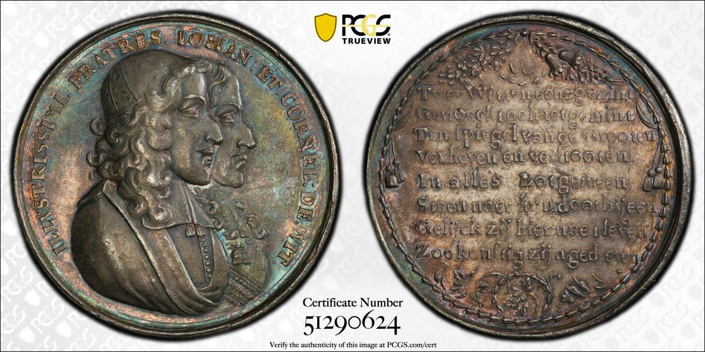 万国钱币拍卖第060期（万国六十期纪念大拍） PCGS AU58 1672年尼德兰约翰·德·维特和科尼利厄斯·德·维特兄弟遇刺纪念大银章 PC冠军分 极美荷兰早期高浮雕大银章 花体字均匀深五彩极美收藏品质